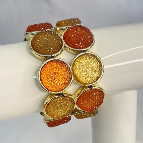 Stretch Bracelet Gold Tone Encircled Druzy Orange Yellow Lucite Stones - Picture 1 of 8